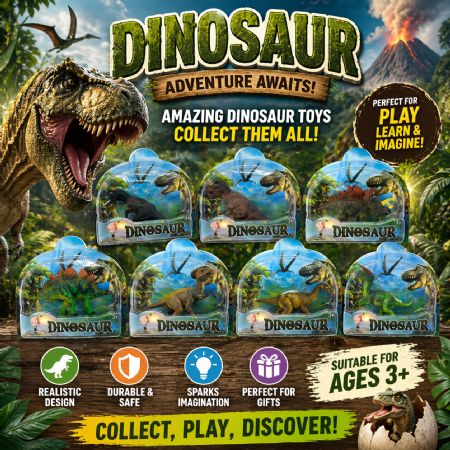Dinosaur figures in display case